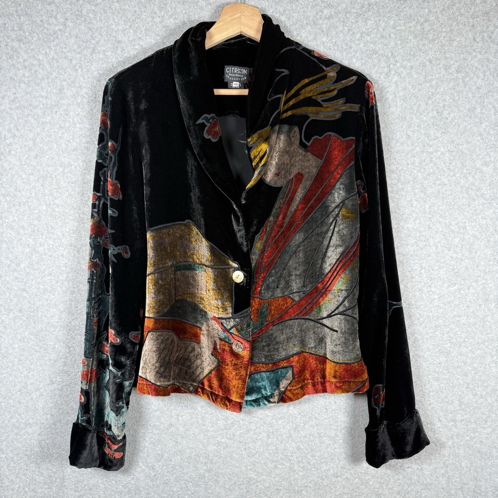 Citron Santa Monica Velour Button Up Womens XS Silk Rayon Velvet Floral Shirt